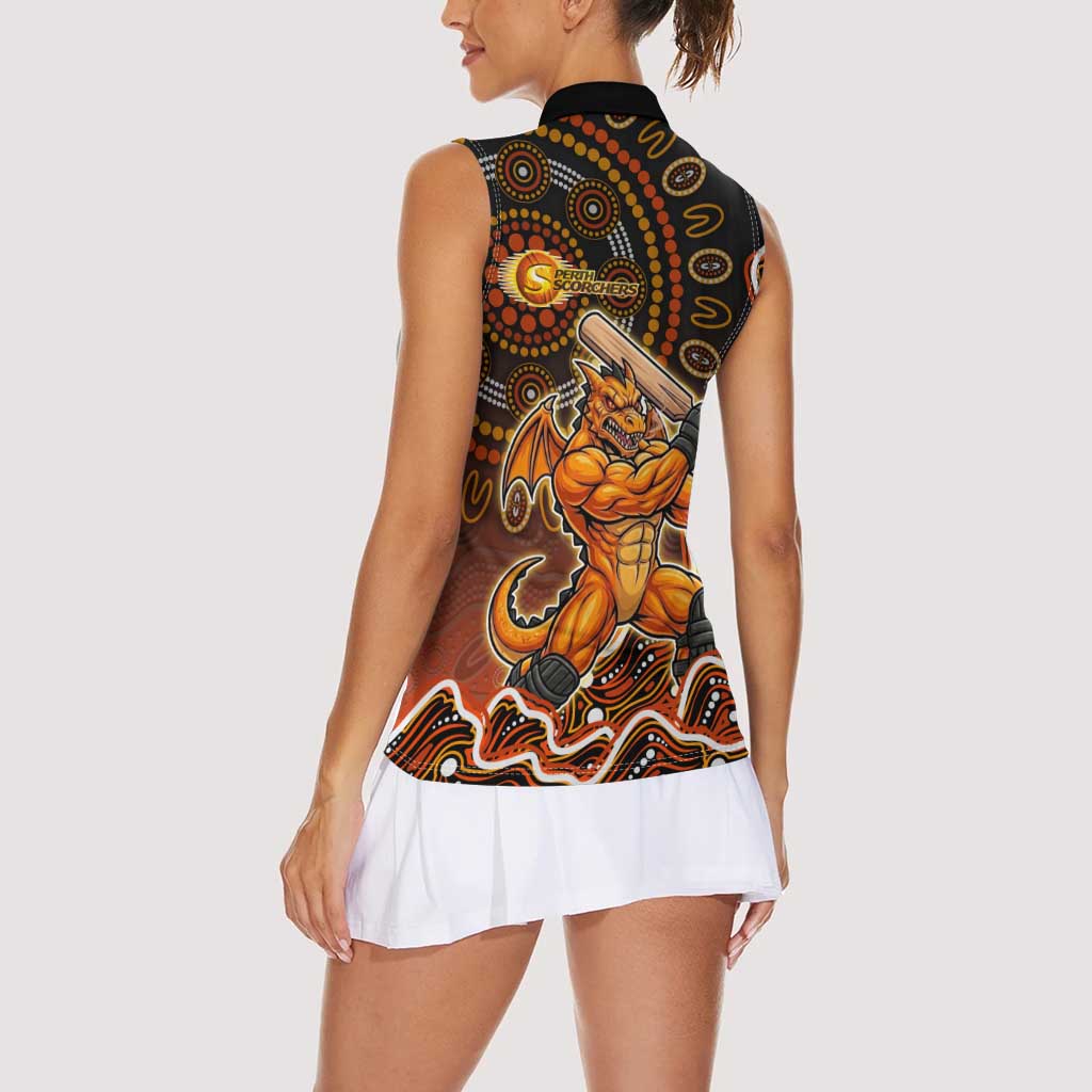 Perth Scorchers Cricket Mascot Women Sleeveless Polo Shirt Aboriginal Dot Art Orange And Black Tribal Pattern
