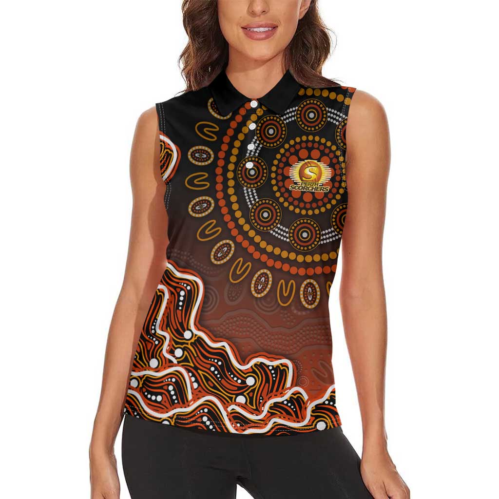 Perth Scorchers Cricket Mascot Women Sleeveless Polo Shirt Aboriginal Dot Art Orange And Black Tribal Pattern
