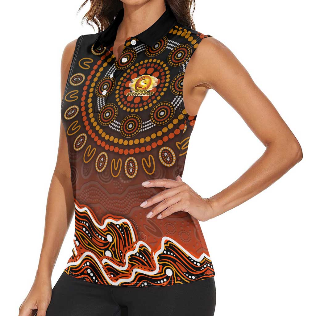 Perth Scorchers Cricket Mascot Women Sleeveless Polo Shirt Aboriginal Dot Art Orange And Black Tribal Pattern