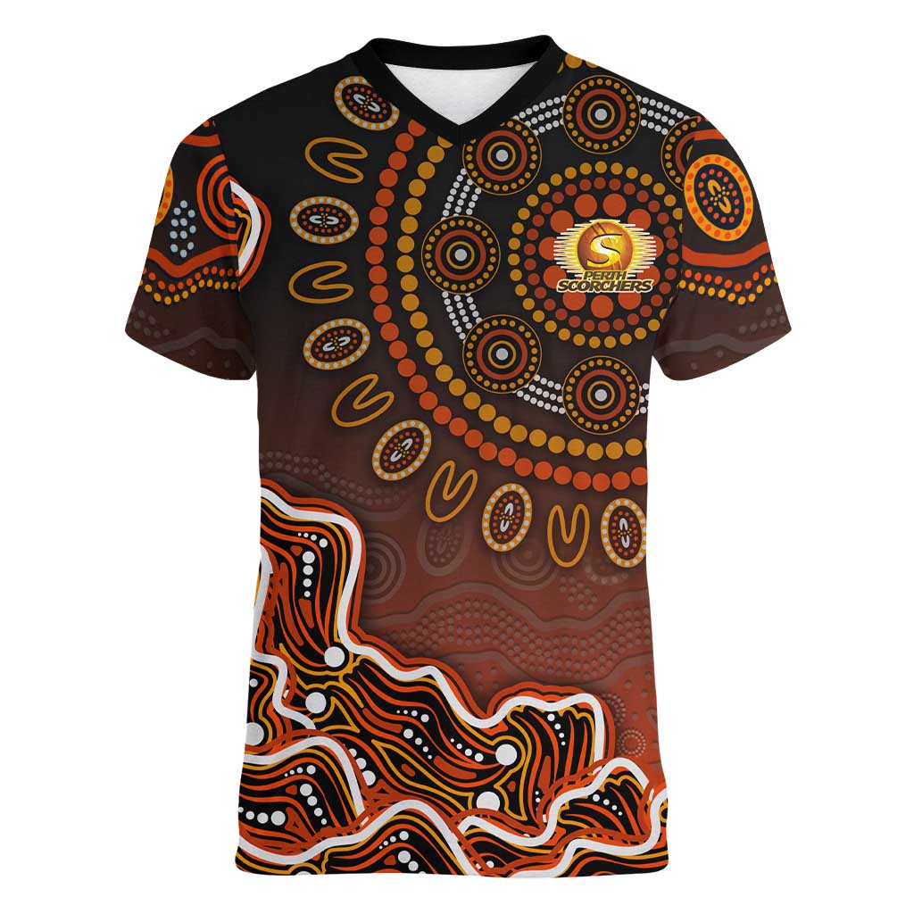 Perth Scorchers Cricket Mascot Women V-Neck T-Shirt Aboriginal Dot Art Orange And Black Tribal Pattern