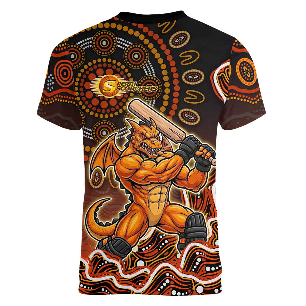 Perth Scorchers Cricket Mascot Women V-Neck T-Shirt Aboriginal Dot Art Orange And Black Tribal Pattern