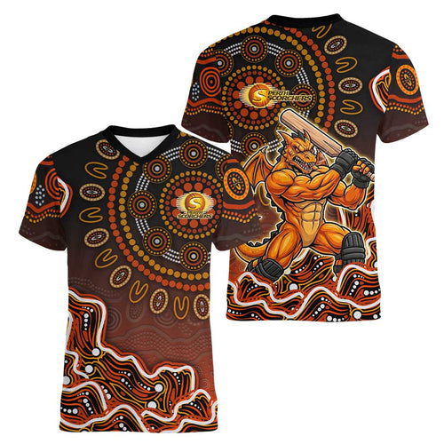 Perth Scorchers Cricket Mascot Women V-Neck T-Shirt Aboriginal Dot Art Orange And Black Tribal Pattern