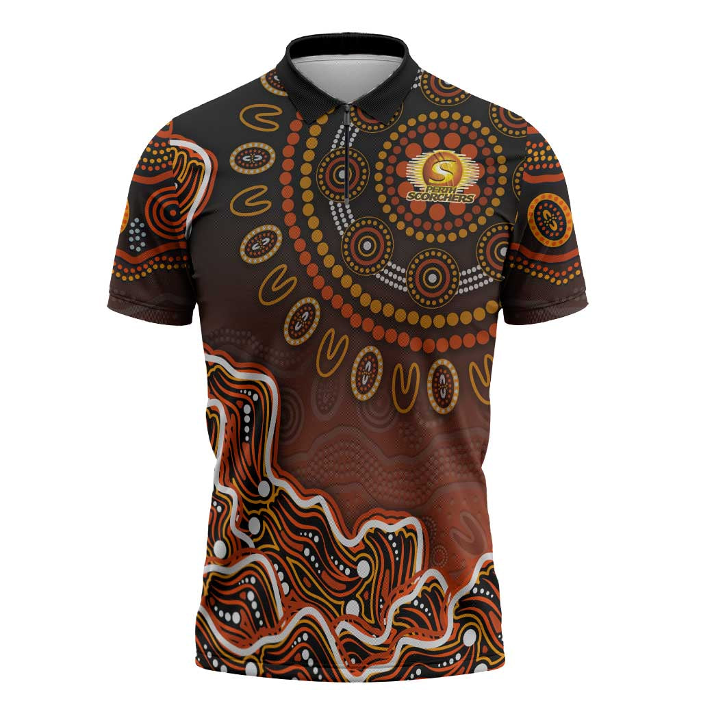 Perth Scorchers Cricket Mascot Zipper Polo Shirt Aboriginal Dot Art Orange And Black Tribal Pattern