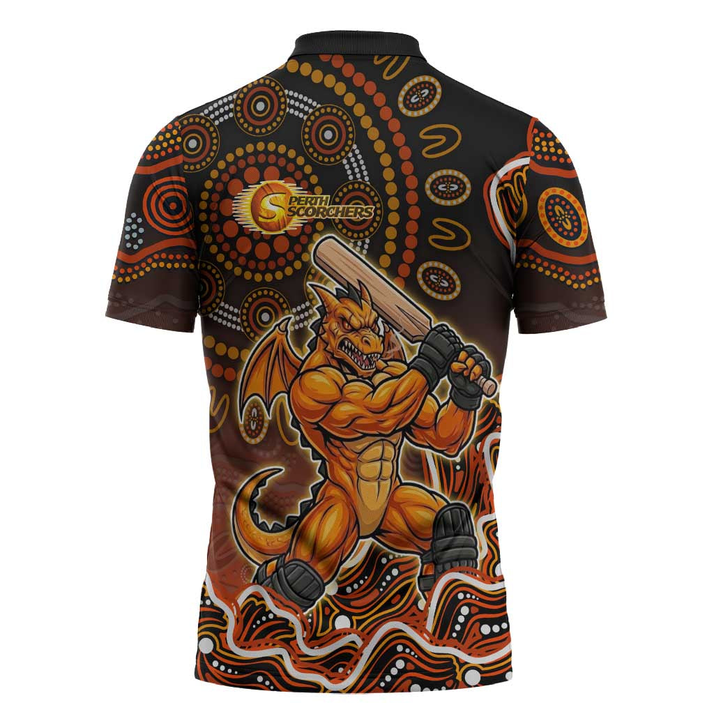 Perth Scorchers Cricket Mascot Zipper Polo Shirt Aboriginal Dot Art Orange And Black Tribal Pattern