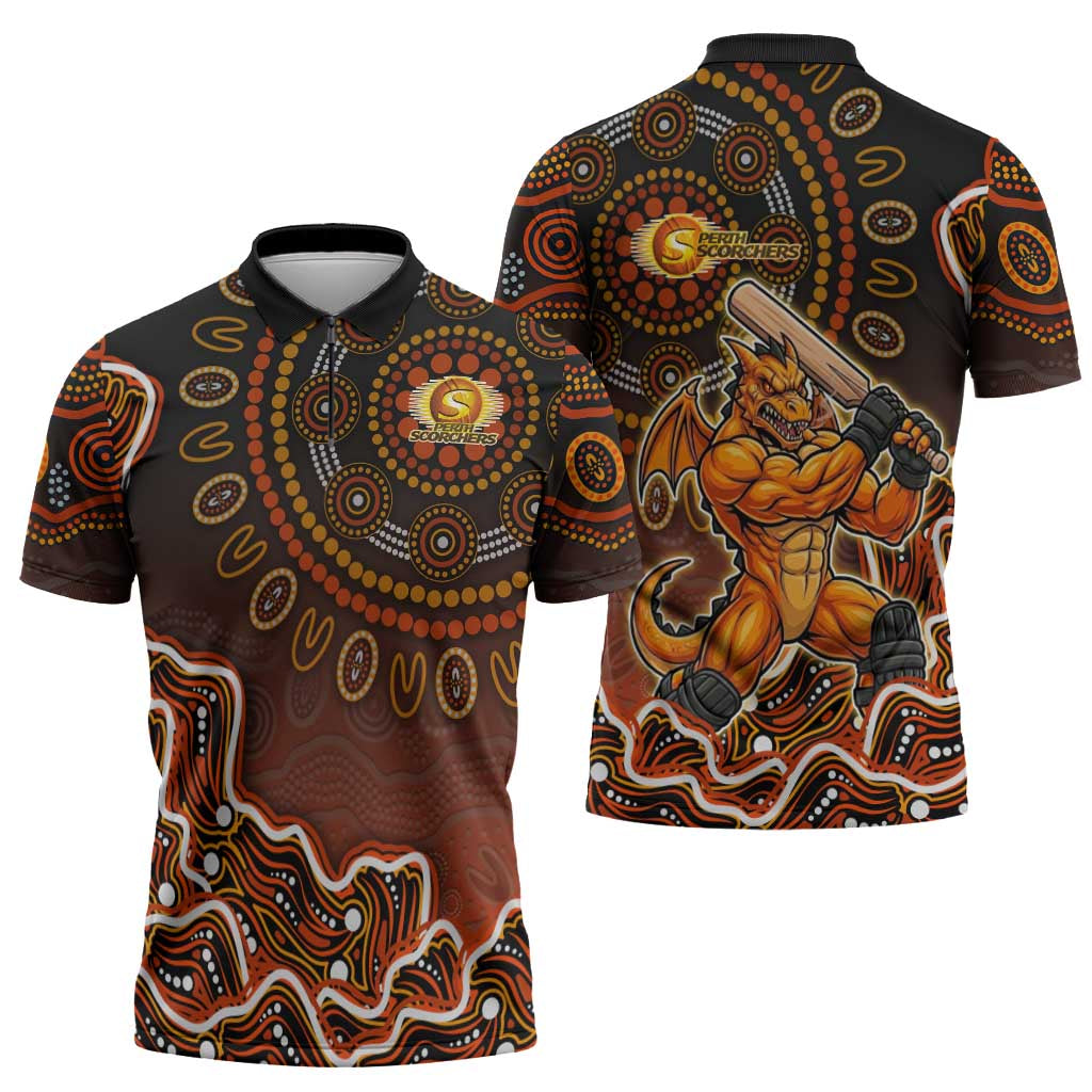 Perth Scorchers Cricket Mascot Zipper Polo Shirt Aboriginal Dot Art Orange And Black Tribal Pattern