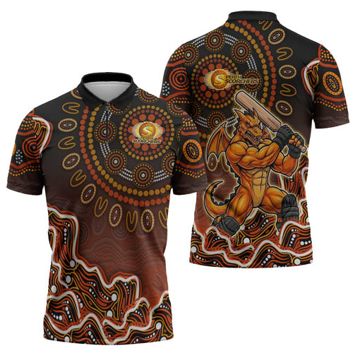 Perth Scorchers Cricket Mascot Zipper Polo Shirt Aboriginal Dot Art Orange And Black Tribal Pattern