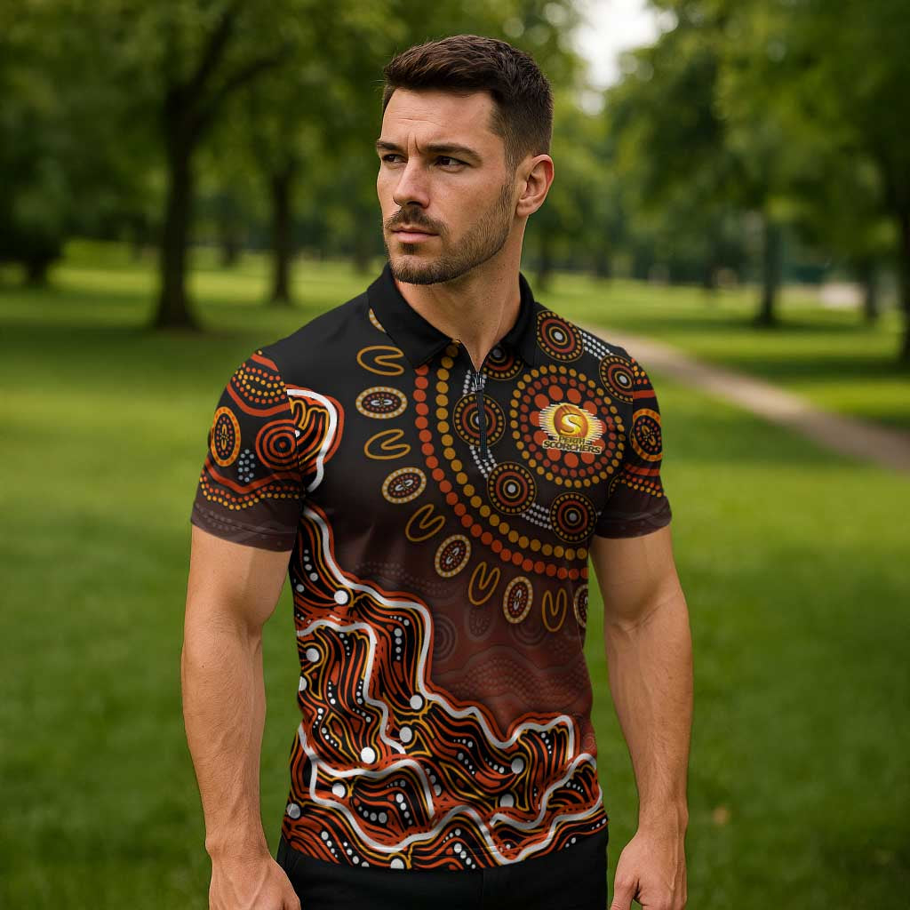 Perth Scorchers Cricket Mascot Zipper Polo Shirt Aboriginal Dot Art Orange And Black Tribal Pattern