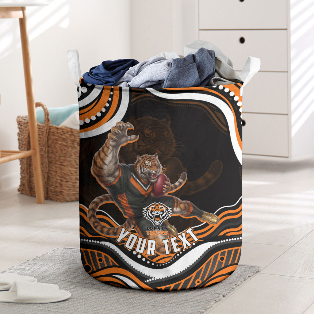 Personalized Wests Tigers Rugby Laundry Basket Aboriginal Dot Art - Dreamtime Rugby Mascot