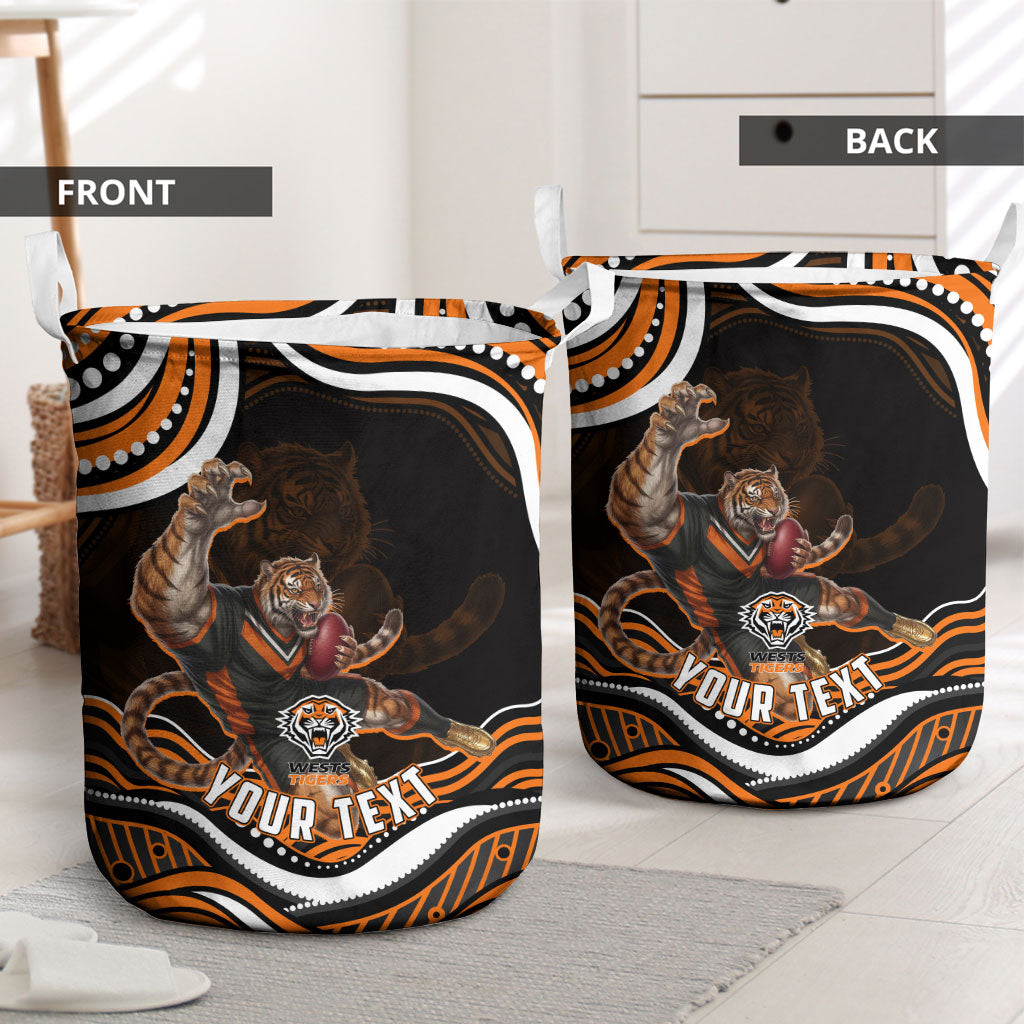 Personalized Wests Tigers Rugby Laundry Basket Aboriginal Dot Art - Dreamtime Rugby Mascot