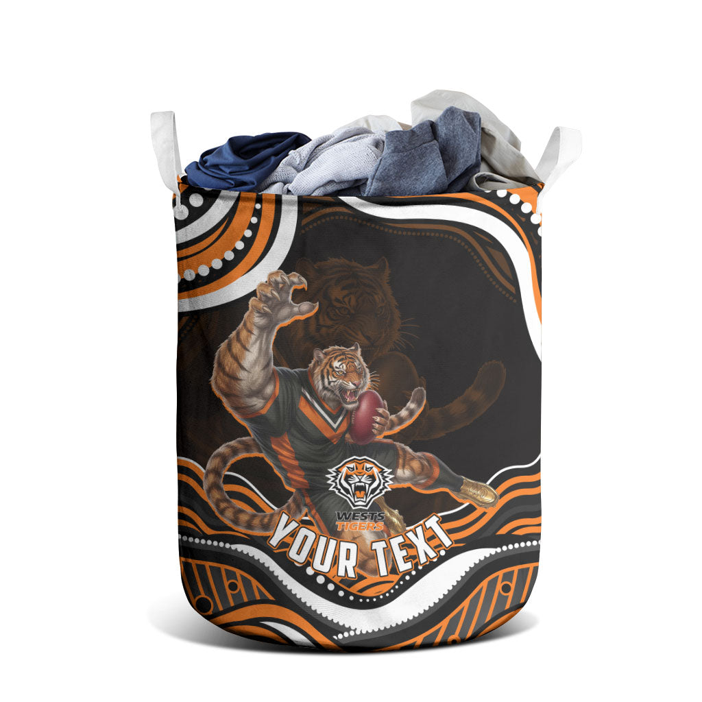 Personalized Wests Tigers Rugby Laundry Basket Aboriginal Dot Art - Dreamtime Rugby Mascot