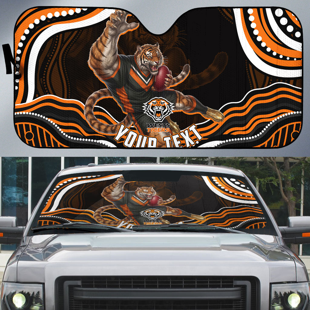 Personalized Wests Tigers Rugby Auto Sun Shade Aboriginal Dot Art - Dreamtime Rugby Mascot
