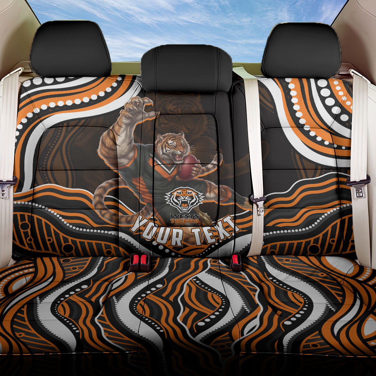 Personalized Wests Tigers Rugby Back Car Seat Cover Aboriginal Dot Art - Dreamtime Rugby Mascot