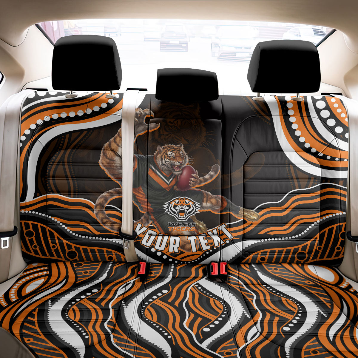 Personalized Wests Tigers Rugby Back Car Seat Cover Aboriginal Dot Art - Dreamtime Rugby Mascot