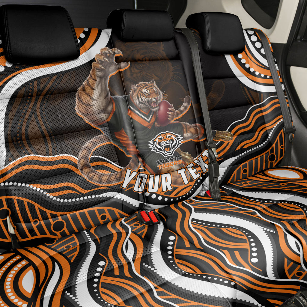 Personalized Wests Tigers Rugby Back Car Seat Cover Aboriginal Dot Art - Dreamtime Rugby Mascot