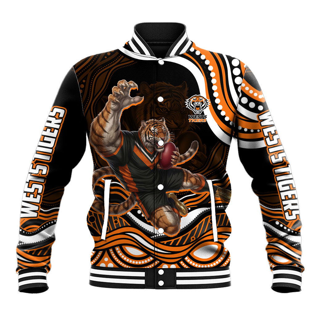 Personalized Wests Tigers Rugby Baseball Jacket Aboriginal Dot Art - Dreamtime Rugby Mascot