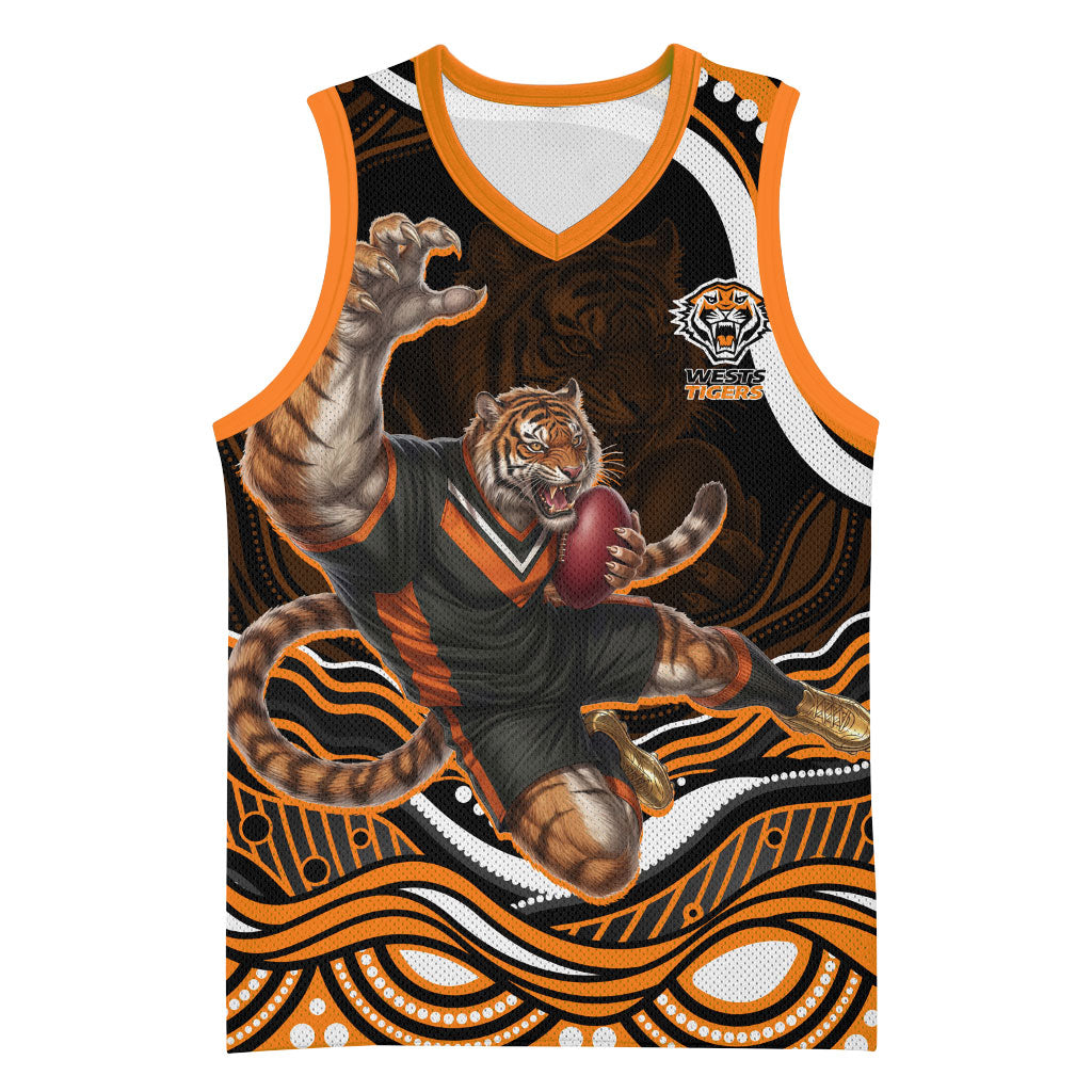 Personalized Wests Tigers Rugby Basketball Jersey Aboriginal Dot Art - Dreamtime Rugby Mascot