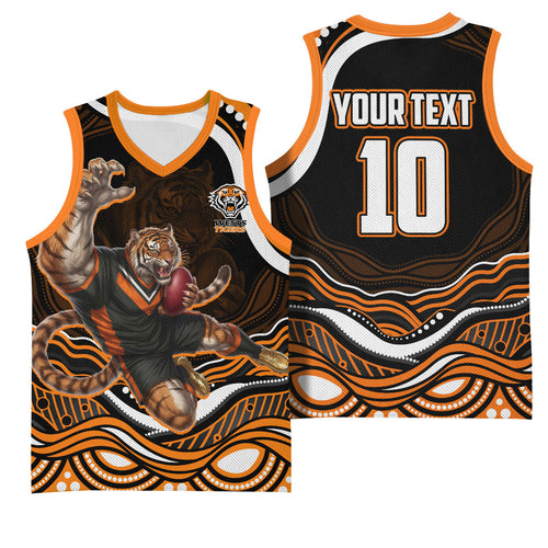 Personalized Wests Tigers Rugby Basketball Jersey Aboriginal Dot Art - Dreamtime Rugby Mascot