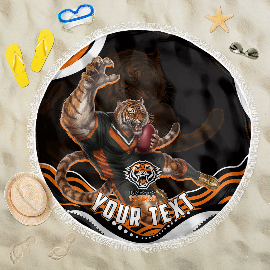 Personalized Wests Tigers Rugby Beach Blanket Aboriginal Dot Art - Dreamtime Rugby Mascot