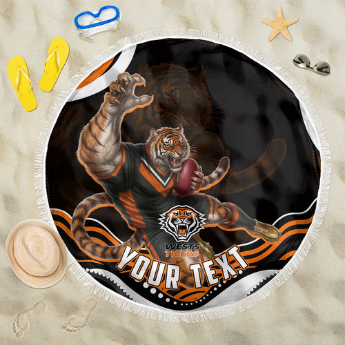 Personalized Wests Tigers Rugby Beach Blanket Aboriginal Dot Art - Dreamtime Rugby Mascot
