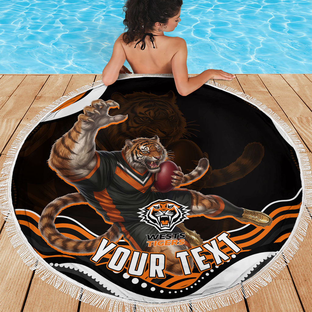 Personalized Wests Tigers Rugby Beach Blanket Aboriginal Dot Art - Dreamtime Rugby Mascot