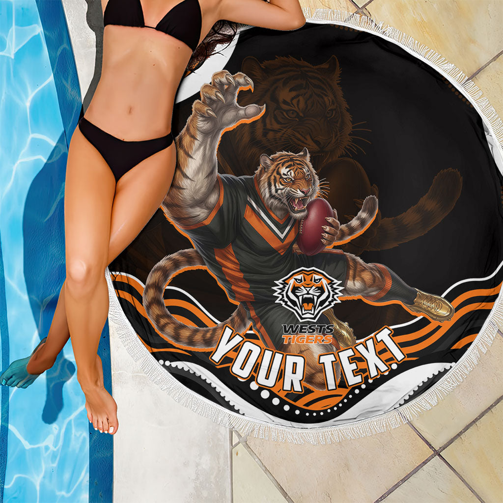 Personalized Wests Tigers Rugby Beach Blanket Aboriginal Dot Art - Dreamtime Rugby Mascot