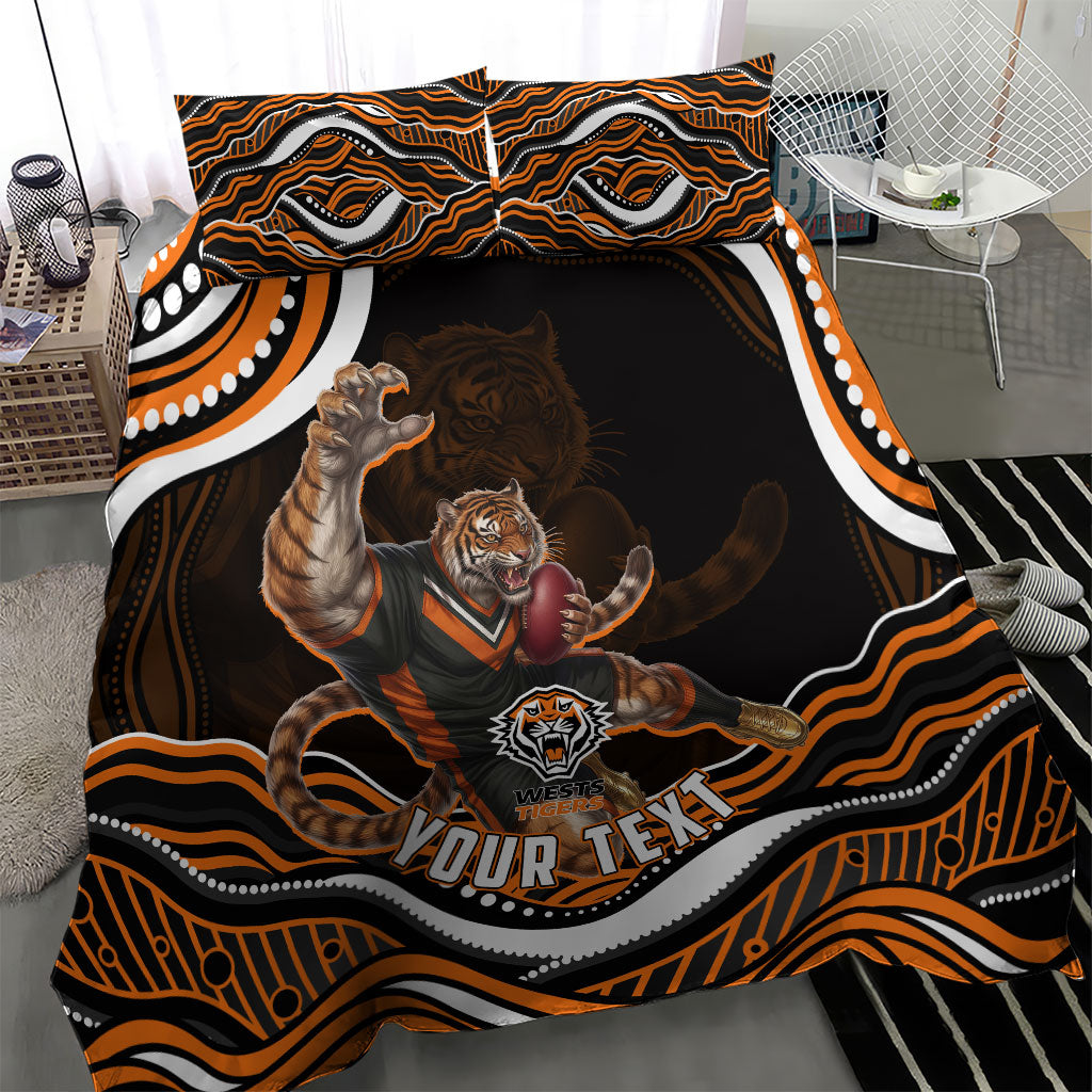 Personalized Wests Tigers Rugby Bedding Set Aboriginal Dot Art - Dreamtime Rugby Mascot