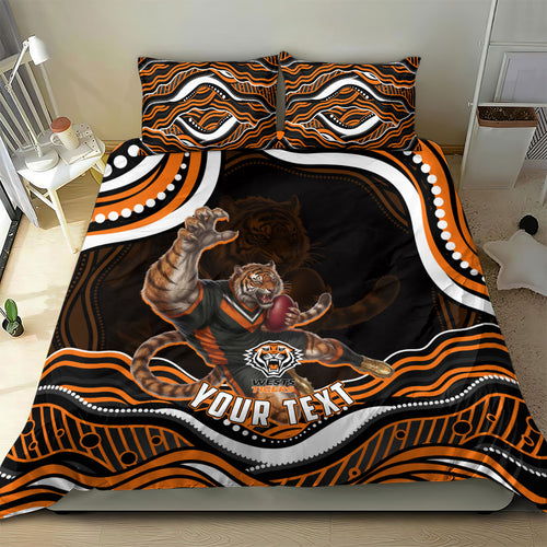 Personalized Wests Tigers Rugby Bedding Set Aboriginal Dot Art - Dreamtime Rugby Mascot