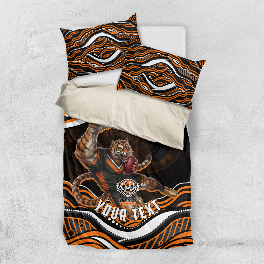 Personalized Wests Tigers Rugby Bedding Set Aboriginal Dot Art - Dreamtime Rugby Mascot