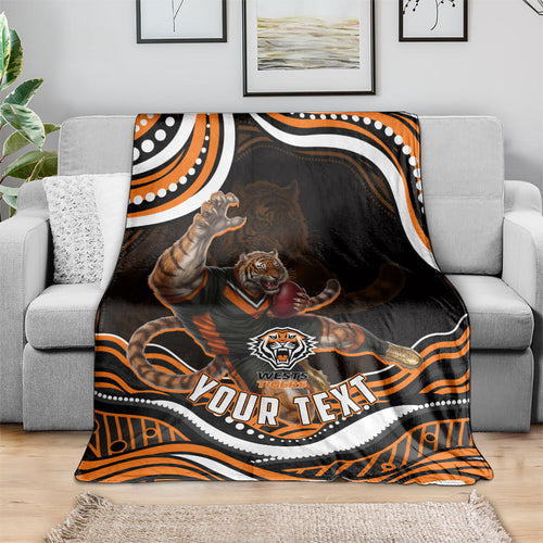 Personalized Wests Tigers Rugby Blanket Aboriginal Dot Art - Dreamtime Rugby Mascot