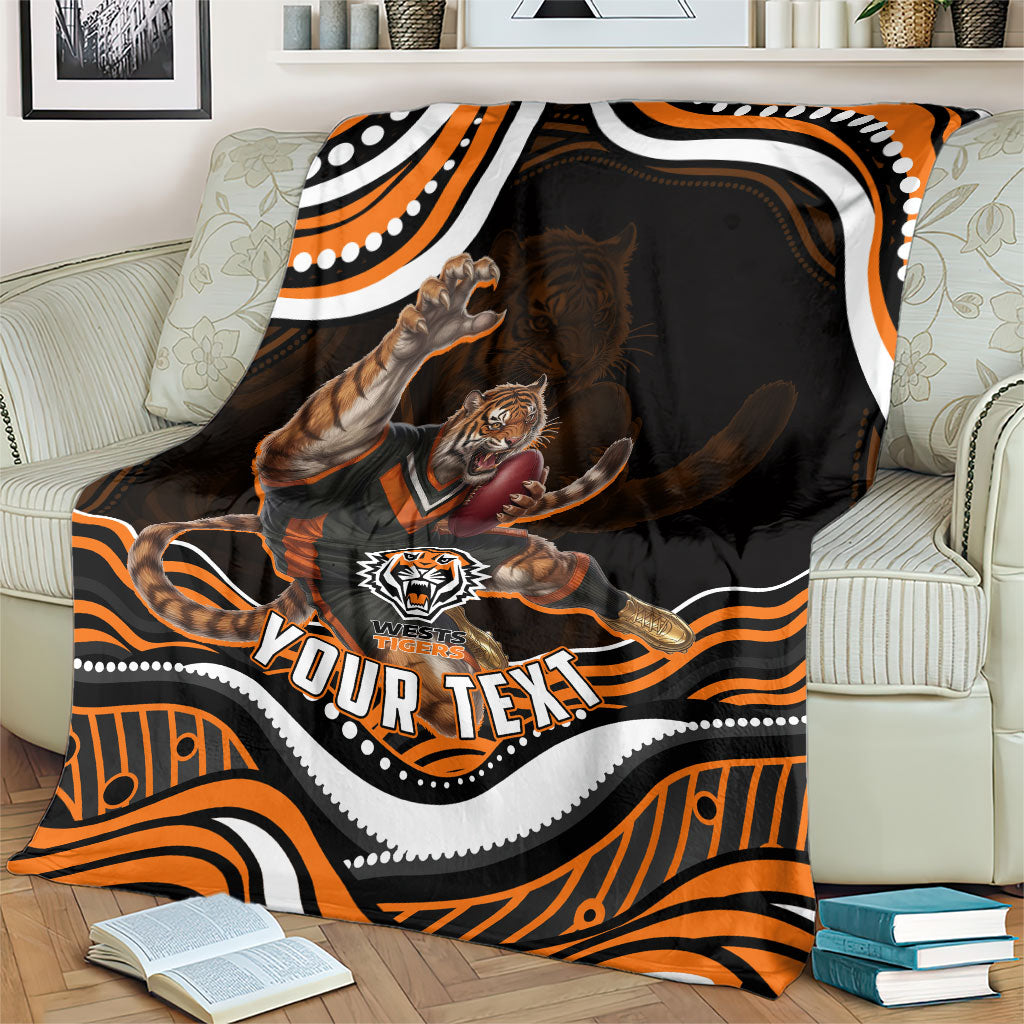 Personalized Wests Tigers Rugby Blanket Aboriginal Dot Art - Dreamtime Rugby Mascot