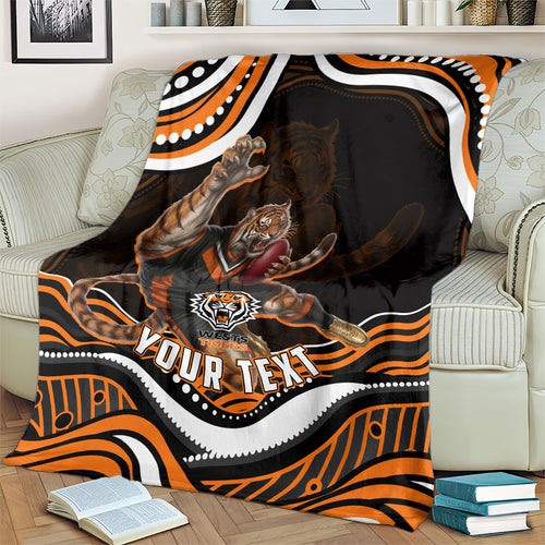 Personalized Wests Tigers Rugby Blanket Aboriginal Dot Art - Dreamtime Rugby Mascot