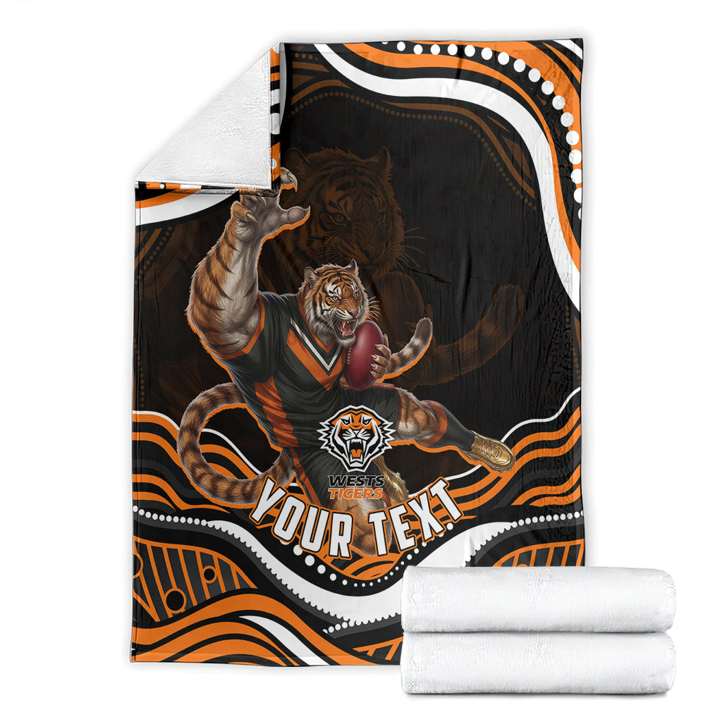 Personalized Wests Tigers Rugby Blanket Aboriginal Dot Art - Dreamtime Rugby Mascot