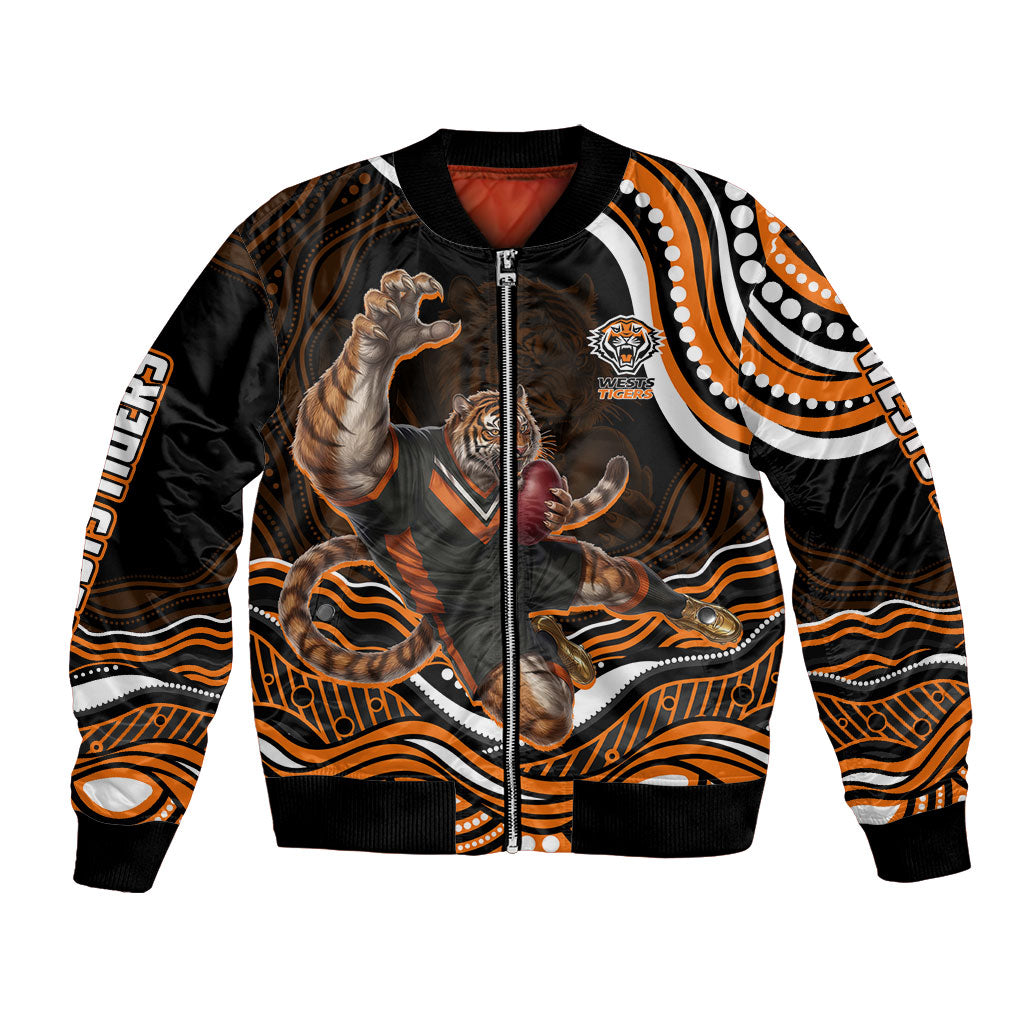 Personalized Wests Tigers Rugby Bomber Jacket Aboriginal Dot Art - Dreamtime Rugby Mascot