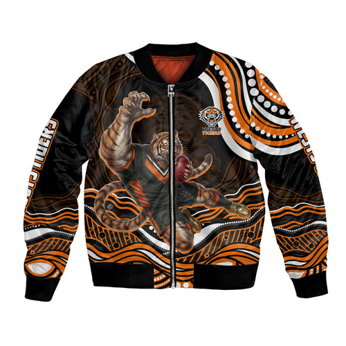 Personalized Wests Tigers Rugby Bomber Jacket Aboriginal Dot Art - Dreamtime Rugby Mascot