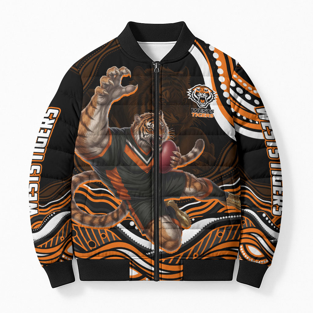 Personalized Wests Tigers Rugby Bomber Puffer Jacket Aboriginal Dot Art - Dreamtime Rugby Mascot