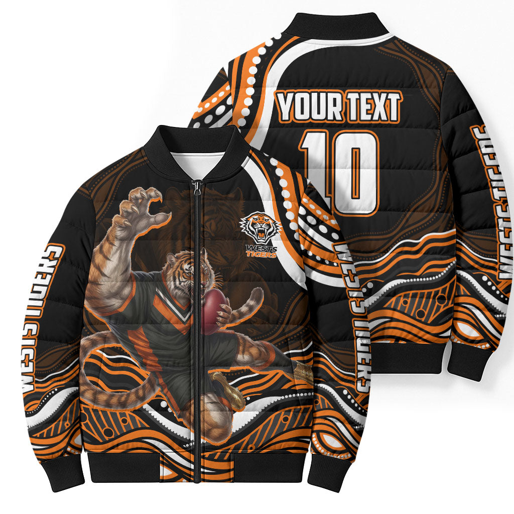 Personalized Wests Tigers Rugby Bomber Puffer Jacket Aboriginal Dot Art - Dreamtime Rugby Mascot