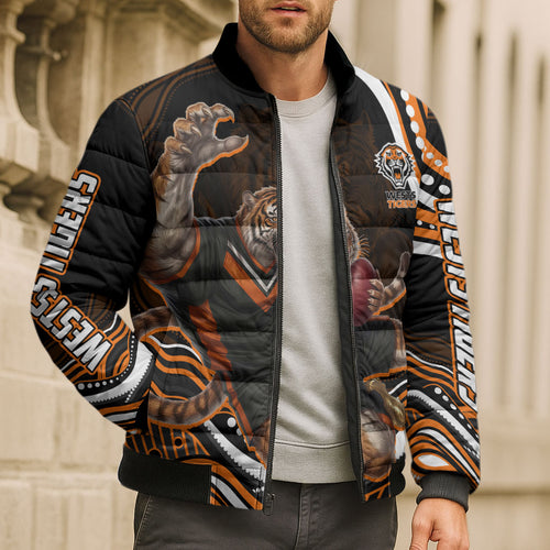 Personalized Wests Tigers Rugby Bomber Puffer Jacket Aboriginal Dot Art - Dreamtime Rugby Mascot