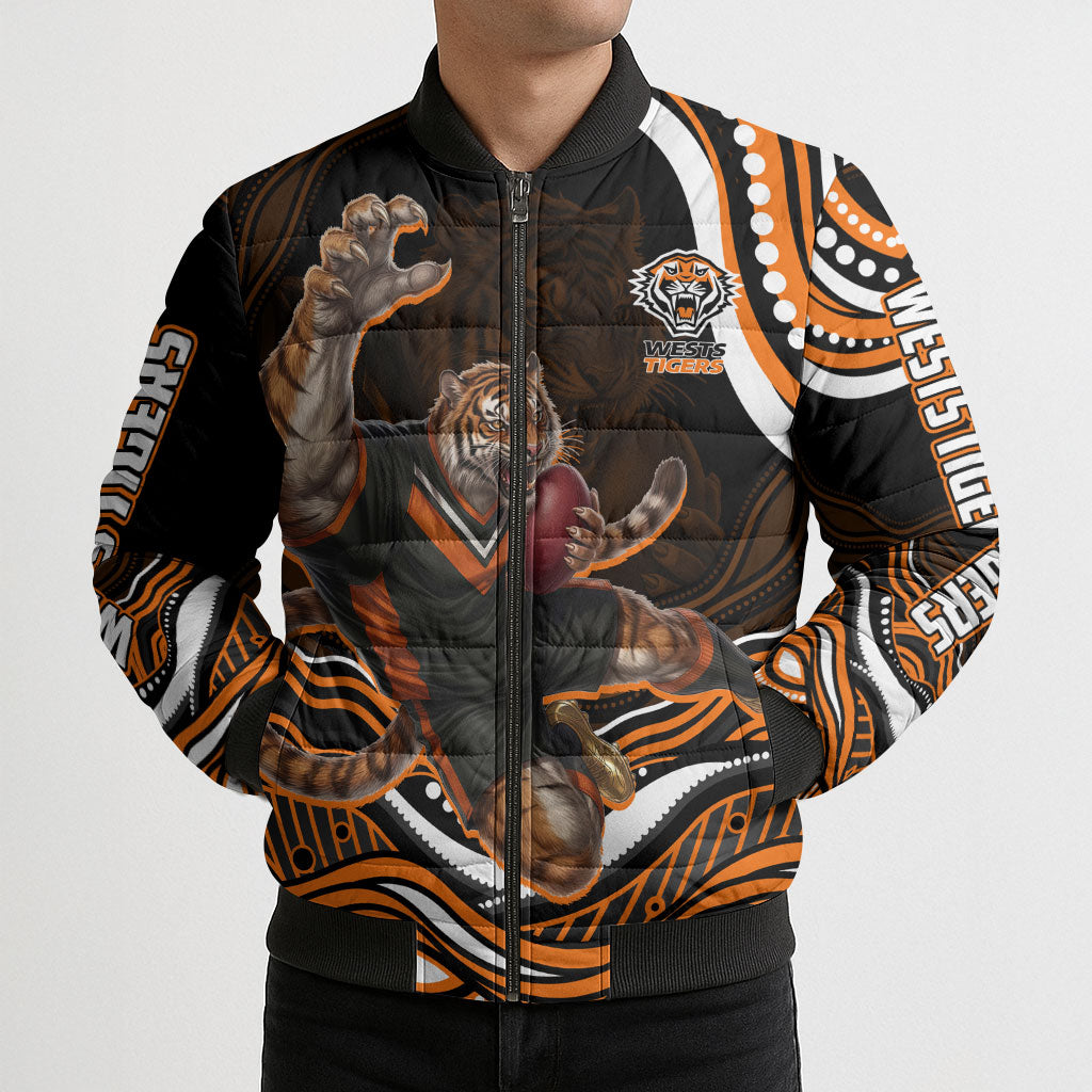 Personalized Wests Tigers Rugby Bomber Puffer Jacket Aboriginal Dot Art - Dreamtime Rugby Mascot