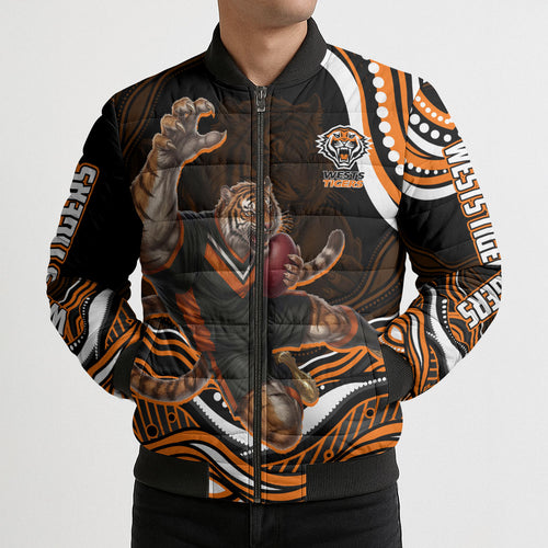 Personalized Wests Tigers Rugby Bomber Puffer Jacket Aboriginal Dot Art - Dreamtime Rugby Mascot