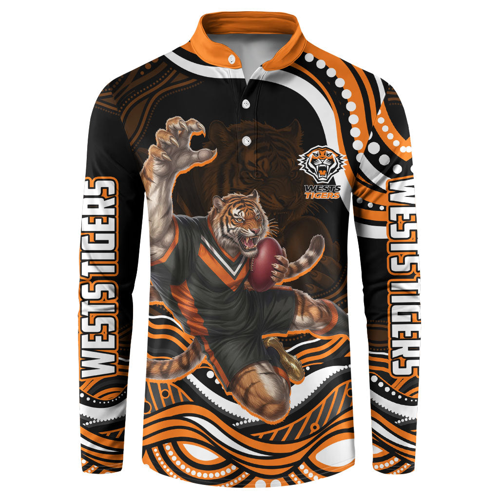 Personalized Wests Tigers Rugby Button Sweatshirt Aboriginal Dot Art - Dreamtime Rugby Mascot
