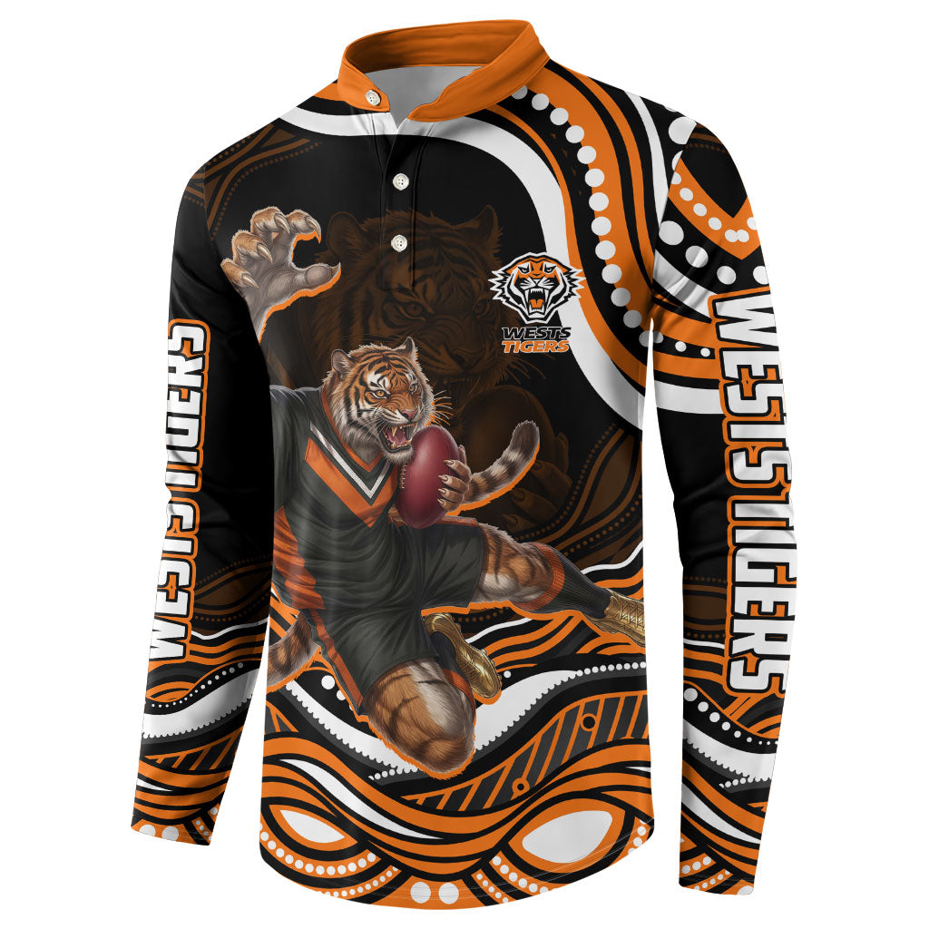 Personalized Wests Tigers Rugby Button Sweatshirt Aboriginal Dot Art - Dreamtime Rugby Mascot