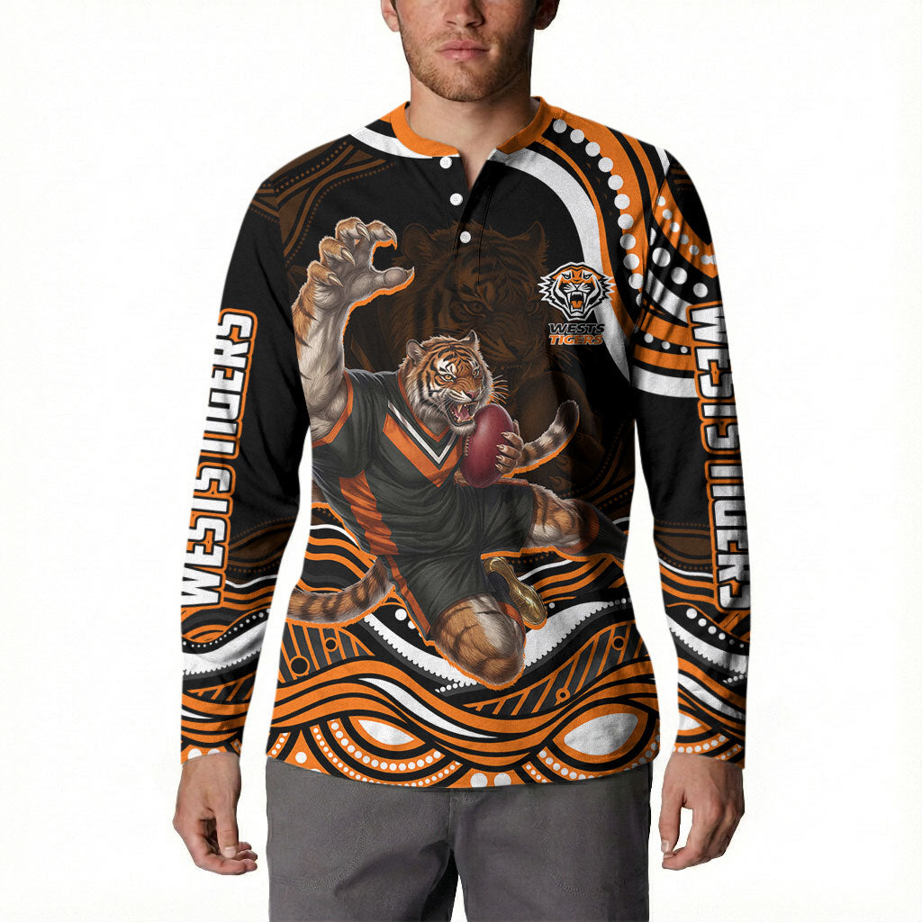 Personalized Wests Tigers Rugby Button Sweatshirt Aboriginal Dot Art - Dreamtime Rugby Mascot