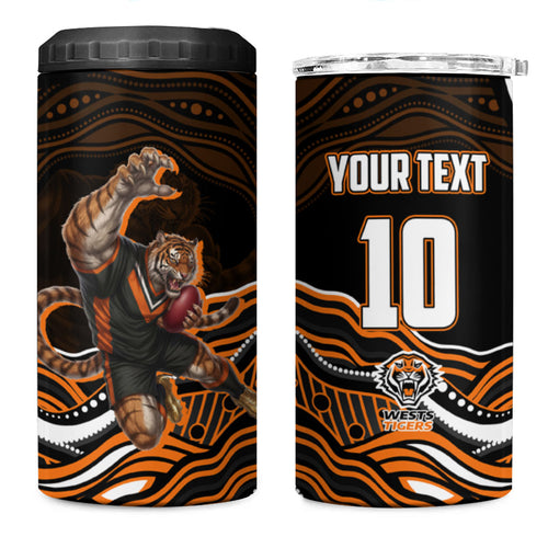 Personalized Wests Tigers Rugby 4 in 1 Can Cooler Tumbler Aboriginal Dot Art - Dreamtime Rugby Mascot