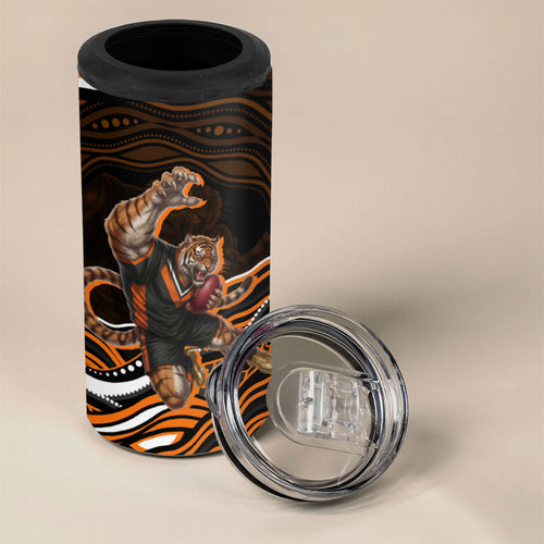 Personalized Wests Tigers Rugby 4 in 1 Can Cooler Tumbler Aboriginal Dot Art - Dreamtime Rugby Mascot