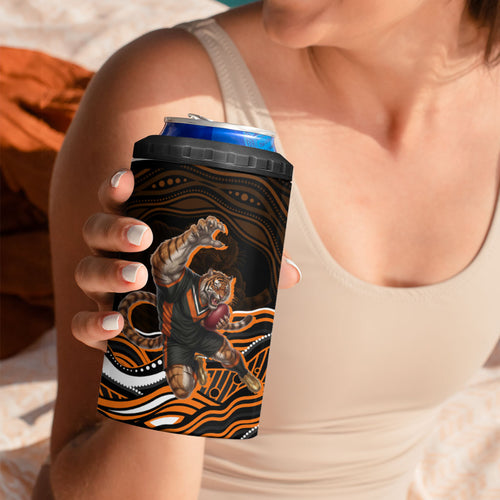 Personalized Wests Tigers Rugby 4 in 1 Can Cooler Tumbler Aboriginal Dot Art - Dreamtime Rugby Mascot