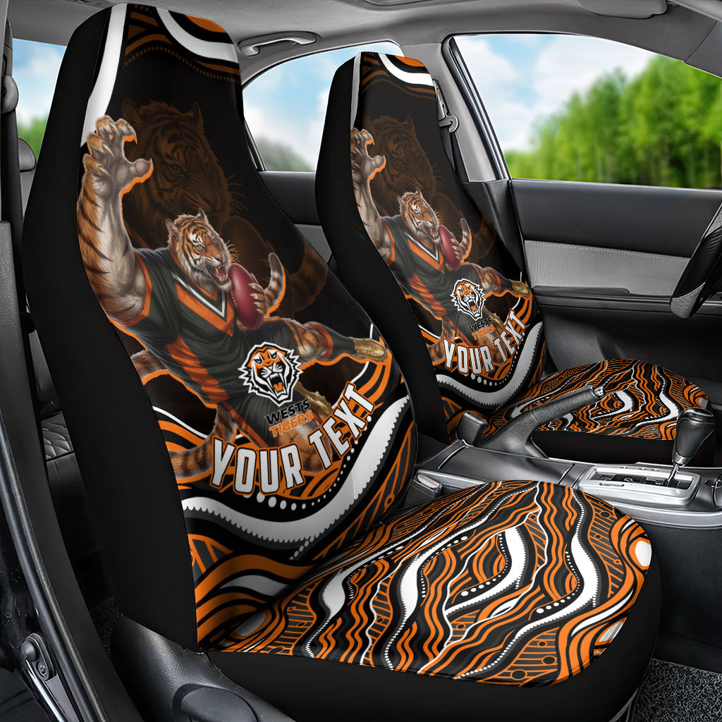 Personalized Wests Tigers Rugby Car Seat Cover Aboriginal Dot Art - Dreamtime Rugby Mascot