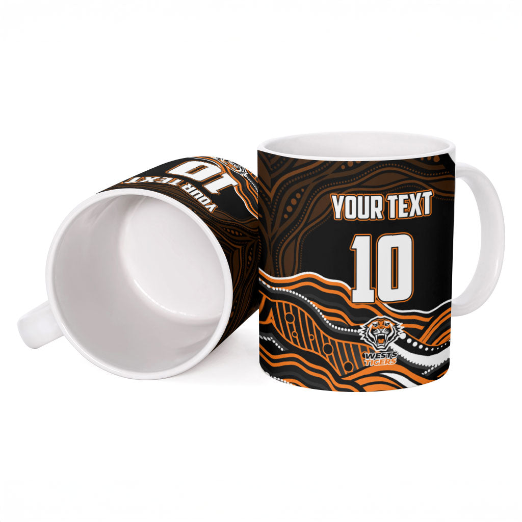 Personalized Wests Tigers Rugby Ceramic Mug Aboriginal Dot Art - Dreamtime Rugby Mascot