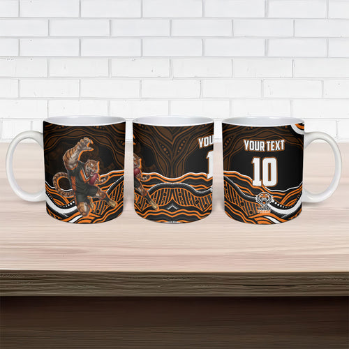 Personalized Wests Tigers Rugby Ceramic Mug Aboriginal Dot Art - Dreamtime Rugby Mascot