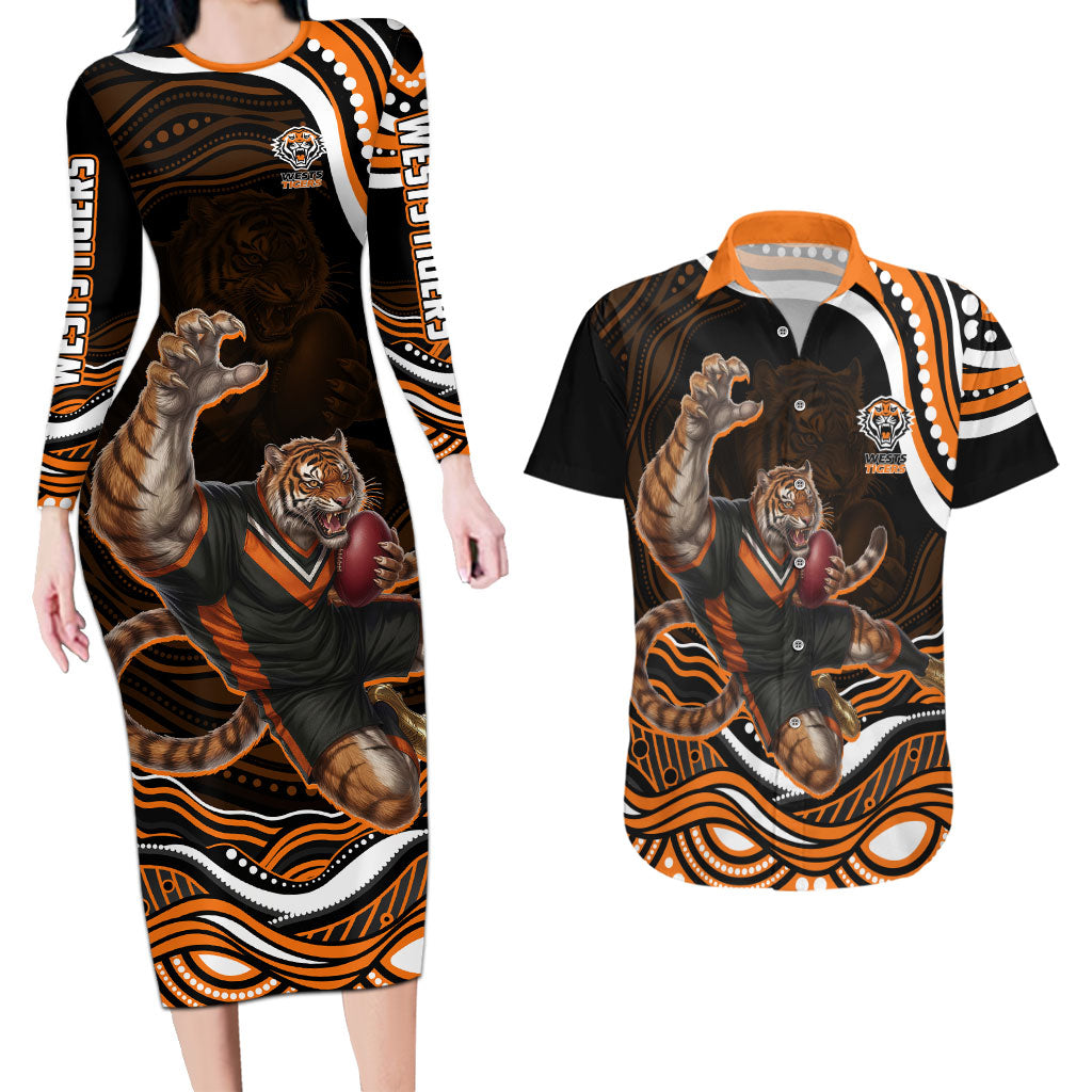Personalized Wests Tigers Rugby Couples Matching Long Sleeve Bodycon Dress and Hawaiian Shirt Aboriginal Dot Art - Dreamtime Rugby Mascot