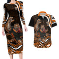 Personalized Wests Tigers Rugby Couples Matching Long Sleeve Bodycon Dress and Hawaiian Shirt Aboriginal Dot Art - Dreamtime Rugby Mascot